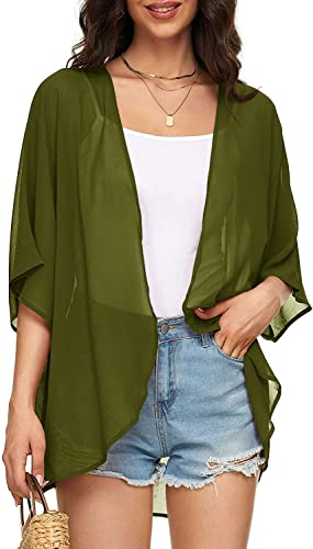 Image of Indian Trendy Women's Solid Puff Sleeve Kimono Cardigan Loose Cover Up Casual Blouse Top Chiffon