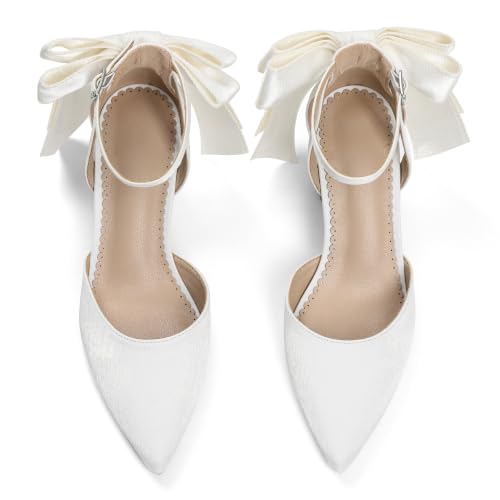 Yremael Women's White Bow Heels Pointed Toe Pumps Satin Ankle Strap Chunky Block Kitten Heel Dress Shoes - image 4
