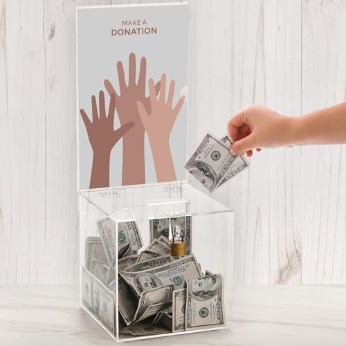 Image of YOUEON Square Acrylic Donation Box with Lock, 18x18x18 cm Clear Suggestion Box with Slot and Lock, Ballot Tin with Sign Holder for Tip, Comment, Voting, Charity, Fundraising