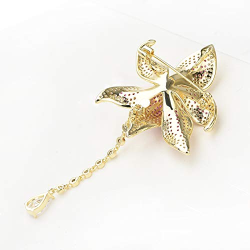 Image of Women's Cubic Zirconia Orchid Flower Brooch Crystal Floral Boutonniere Petal Lapel Pin Beastpin Bridal Wedding Jewelry with Tassel