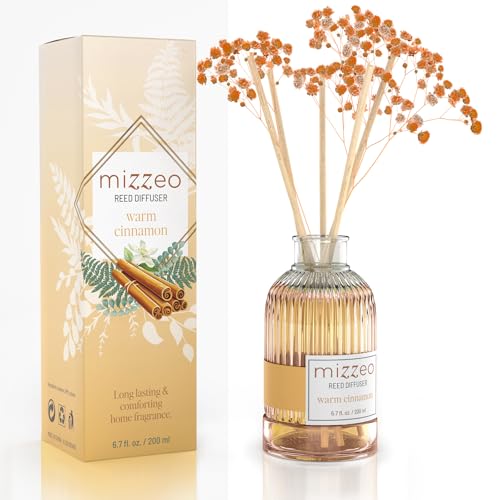 MIZZEO Reed Diffuser Set, Warm Cinnamon 6.76 fl oz Highly Scented Room Diffuser Home Fragrance Essential Oil Reed Flower Diffuser, House Bedroom Office Decor & Gifts