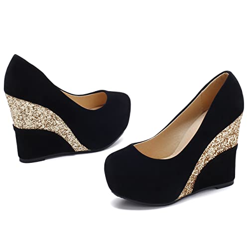 UniqueStride Womens Wedge High Heel Platform Faux Suede Pumps Sequins Glitter Heels Closed Toe Party Wedding Bridal Shoes4