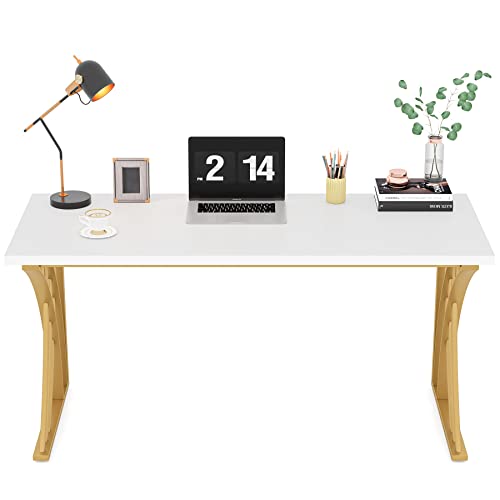 Tribesigns 55’’ Large Modern Computer Desk, White & Gold Luxury Laptop Pc Student Table With Thick Frame & Strong Legs, Sturdy Writing Workstation For Home & Office #TOP4