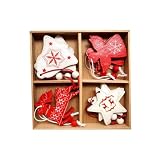 ARYIMYDP 12 Pezzi Decorazioni Natalizie in Legno, Ornamenti e Addobbi per Albero di Natale Fai da Te, Pendenti Naturali Ideali per Regali, Artigianato e Decori, da Appendere (Bianco + Rosso)