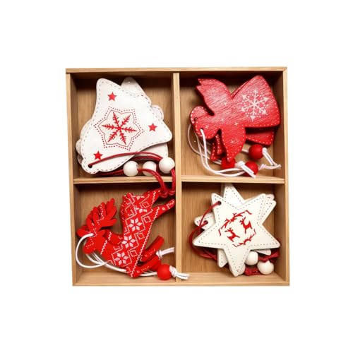 ARYIMYDP 12 Pezzi Decorazioni Natalizie in Legno, Ornamenti e Addobbi per Albero di Natale Fai da Te, Pendenti Naturali Ideali per Regali, Artigianato e Decori, da Appendere (Bianco + Rosso)