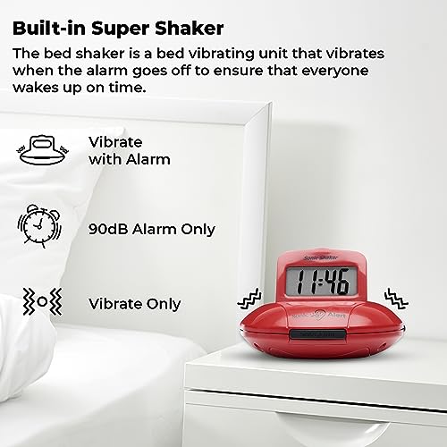 Sonic Alert Digital Alarm Clock - Travel Alarm Clock For Heavy Sleepers - Bed Shaker Alarm Clock - Vibrating Alarm Clock Under Pillow - Battery Operated – Red #TOP2