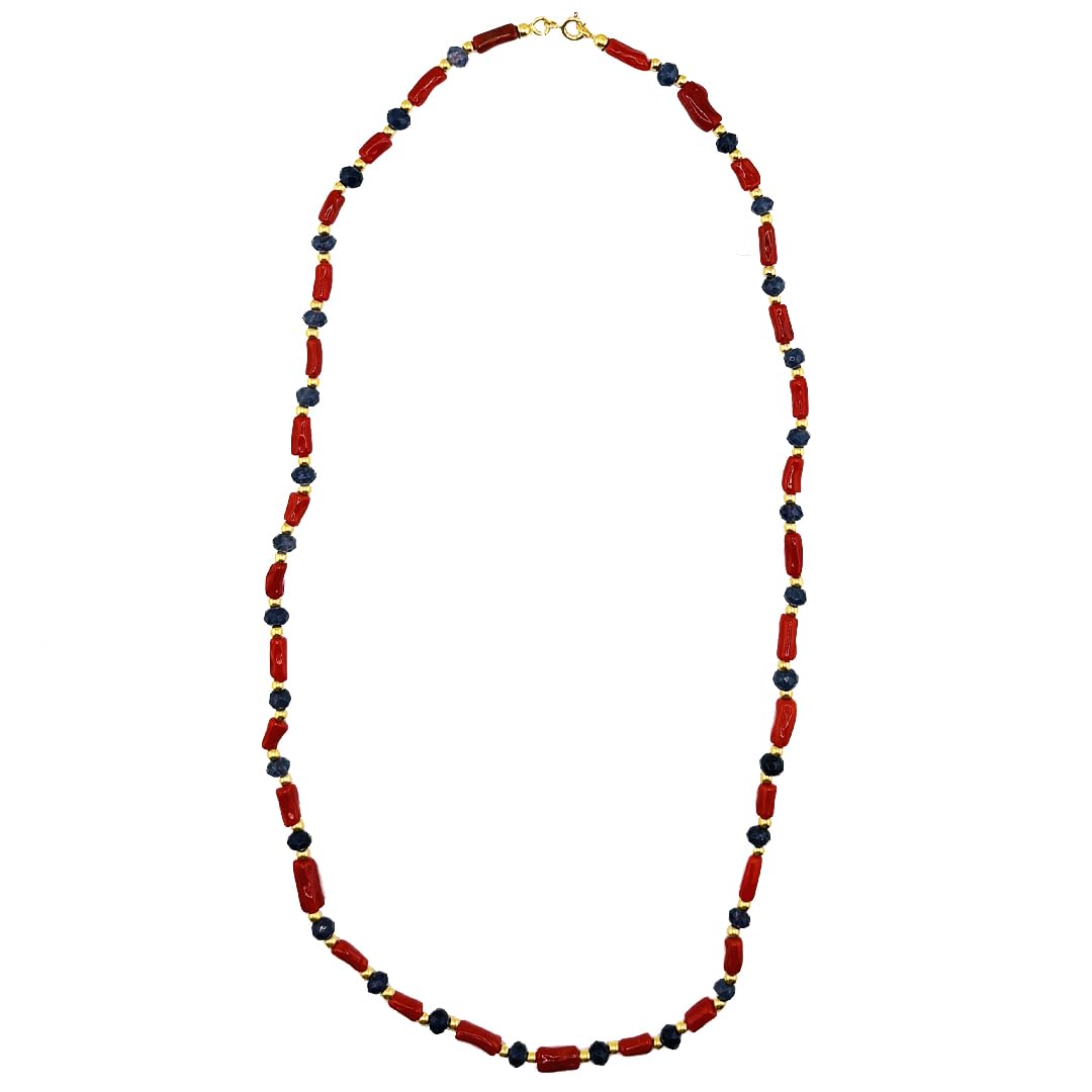 Collana cannettine corallo rosso naturale pallini di giada blu e argento 925 dorato gioiello artigianale unico unisex uomo donna made in italy lunghezza 50 cm