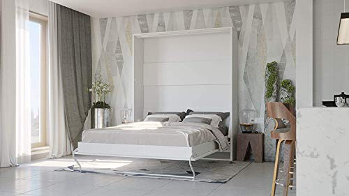 INVENTO Opklapbed op gasliften | Bedkast | Murphy bed | Vouwbed 200x160, geschikt voor woonkamer, slaapkamer, logeerkamer, kantoor en kinderkamer (Verticaal 200x140, Wit/Hoogglans Wit) - Afbeelding 4