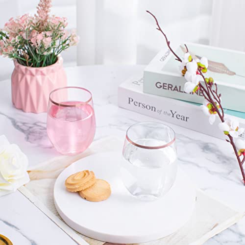SUT 32Pcs Plastic Stemless Wine Glasses Disposable, 12 OZ Clear Disposable Stemless Wine Cups with Rose Gold Rim, BPA-Free, Recyclable Perfect for Wedding Reception Cocktail Parties and Catered Events