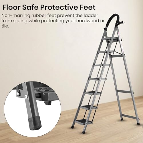 Image of Casa Copenhagen Grey 7 Step Ladder for Home Use with Built-in Tool Tray | Heavy Duty D Shape Rods | Ultra Large Platform | Wide Rubber Feet | 150Kg Capacity Foldable Ladder - 7 Years Warranty