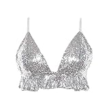 Naimo Women's Sequin Ruffle Crop Top Bralette Bra Rave Dance Tops Silver