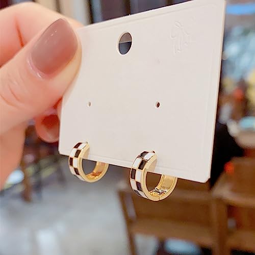 Chic Gold-tone Checker Small Hoop Earrings for Women Sterling Silver Post Dainty Tiny Round Circle Huggie Hoops White Black Enamel Hooped for Her Bff (Gold) by NewZenro - Image 3