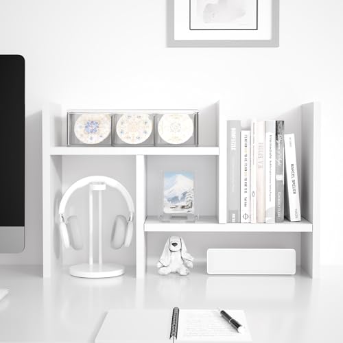 Image of Jerry & Maggie Desktop Organizer Office Storage Rack Adjustable Wood Display Shelf Free Style Double H, Multi-Functional Mini Bookshelf for Desk Natural Stand (White /2 Pack)