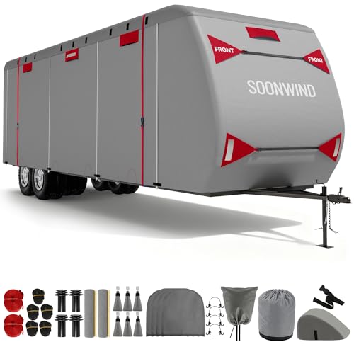 SOONWIND Heavy Duty 7 Layers RV Cover Camper Cover & Travel Trailer Cover 30-33ft Waterproof Windproof All-Weather Protection with Tongue Jack Cover Gutter Covers & Reinforced Straps - Red
