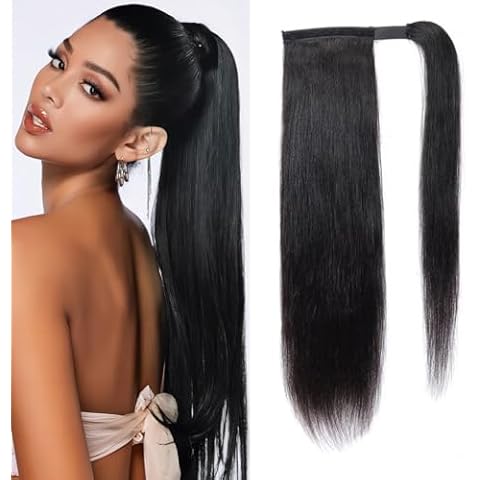 Shoobidoo Straight Human Hair Ponytail Extension Human Hair Straight Wrap Around Ponytail Human Hair Ponytail with Magic Paste Wrap Around Natural Black Clip in Hair Extension for Women 24 Inch Cover