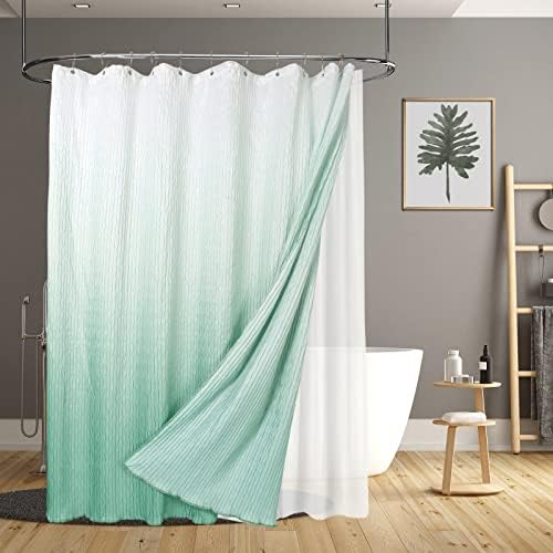 Eastern Ombre Green Shower Curtain with Liner, Textured Shower Curtain Waterproof, Decorative Fabric Shower Curtain Sets for Bathroom, Machine Washable, Teal Green, 72 x 72 inches