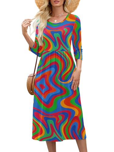 Image of Heymoments Women's Casual 3 /4 Sleeve Midi Dress Crewneck A Line Tiered Flowy Loose Travel Long Dresses with Pockets