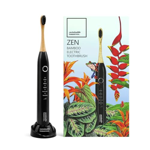 Sustainable Tomorrow Zen Bamboo Sonic Electric Toothbrush, Durable Wood-Grain ABS Handle, Rechargeable w/Plant-Based Soft Bristles, Bamboo Heads, 5 Modes & 30-Day Battery (Black)