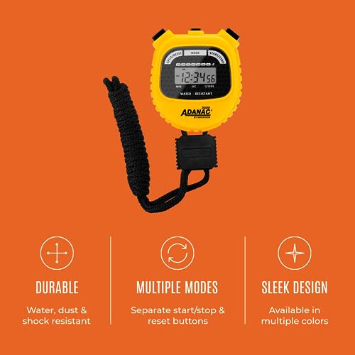 Marathon Adanac 3000 Digital Stopwatch Timer, Yellow - High Precision Accuracy to 1/100th Seconds - Water, Dust & Shock Resistant - 46” Lanyard Included
