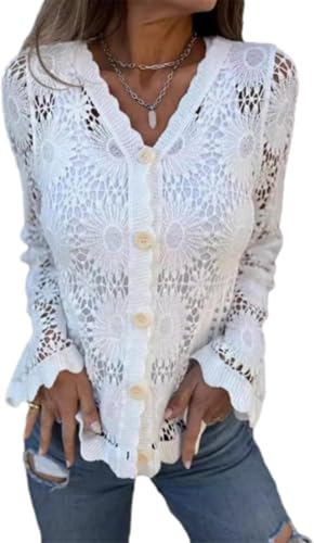 Besidewith Cutout Embroidered V-Neck Button Long Sleeve Top, Casual Crochet Hollow Out Knit Tops