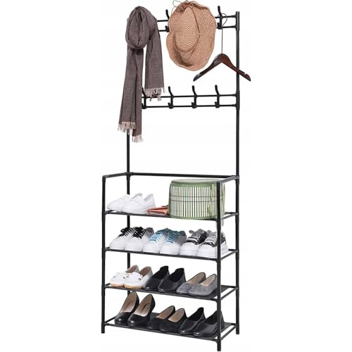 Valle Verde 2in1 Kleiderständer, Flurgarderobe mit Kliederhaken, Schuhregal, Schuhschrank - Garderobenständer mit 4 Ablagen und 16 Haken - Kleider- & Schuhaufbewahrung - Schwarz, 60 x 26 x 167 cm