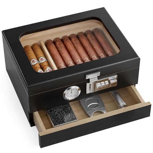 2 Layers Cigar Humidor for 25-30 Cigars Portable Humidor Cigar Travel Box with Hygrometer and Combination Lock Handcraft Pine Wood Cigar Case Gift for Men (Without Cigars Lighter & Cutter)