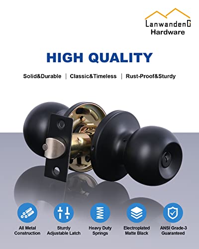 Lanwandeng Matte Black Door Knobs with Lock and Keys, Interior/Exterior Door Knob for Bedroom or Bathroom, Entry Door Lock - Image 2