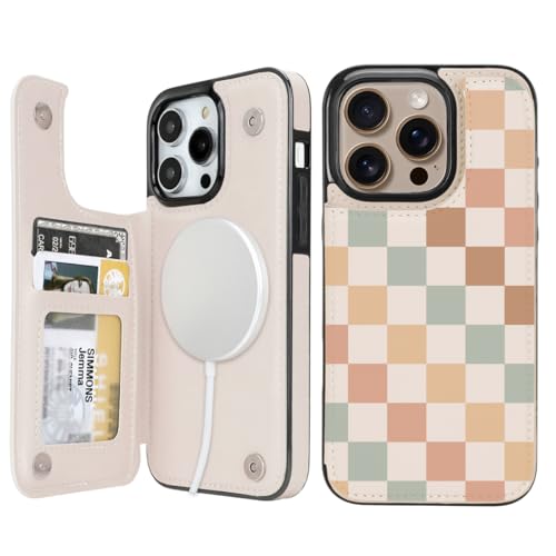 Image of uCOLOR for iPhone 13 Pro Wallet Case Magsafe with Card Holder Slot【Compatible with MagSafe】 Folio Flip PU Leather RFID Blocking Design (Pastel Check Vibes, iPhone 13 Pro)