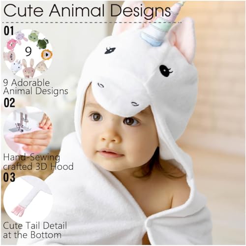 Image of DEIGO Unicorn Animal Hooded Towel for Newborn to Toddler - Baby Must Haves - Ideal Registry for Baby Boy and Girl Gifts - Unicorn, White, 23.6 Inchx32.3 Inch