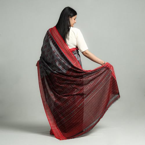 Image of Ikat Women's Pure Cotton Saree Traditional Craftsmanship Double Ikat Weaving Floral Handmade Ethnic Saree without Blouse Piece