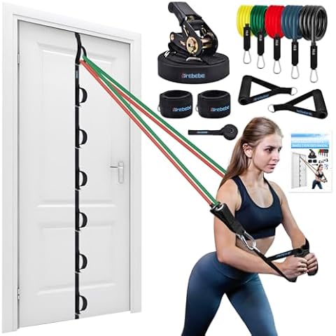 Brebebe Upgrade Door Anchor Strap for Resistance Bands Exercise, Multi Points Anchor Straps with 7 Loops+ 7 D Rings, Home Gym Workout Equipments with Ratchet Adjust Tighten Straps Not Loose, Sturdy Cover