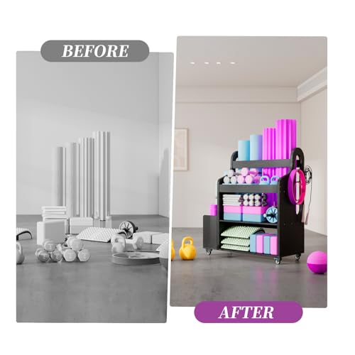 Weight Rack for Dumbbells, Home Gym Storage Rack Yoga Mat Holder with Wheels and Hooks, All in One Workout Storage for Yoga Mat, Foam Roller, Gym Organizer Storage for Home Exercise(Wood)