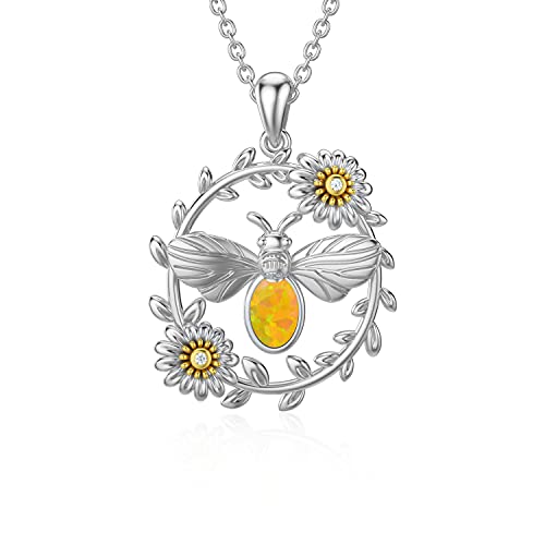 SOULMEET Biene Sonnenblume Silber Halskette mit Gelbgold synthetischem Opal Honigbiene umgeben von Sonnenblume Ovale Anhänger Halskette 925 Sterling Silber Schmuck Geschenk für Mutter Frauen Mädchen Cover
