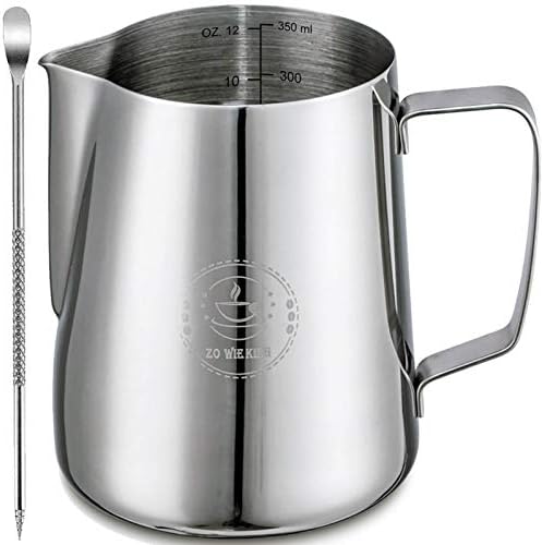 Milk Frothing Pitcher 12oz,Espresso Steaming Pitcher 12oz,Espresso Machine Accessories,Milk Frother cup 12oz,Milk Coffee Cappuccino Latte Art,Stainless Steel Jug