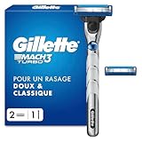 Gillette Rasoir pour Homme Mach3 Turbo, Manche Et 2 Recharges, Cartouche avec Un nouveau Revêtement De Lame pour Réduire La Pression sur La Peau, Bande Lubrifiante pour Rasage avec Une Glisse Fluide