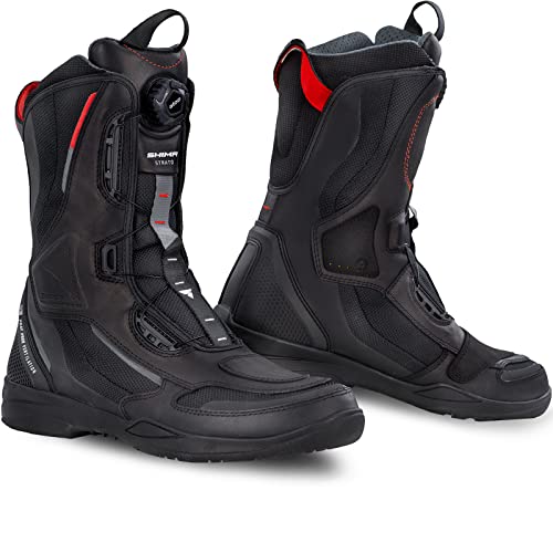 SHIMA STRATO męskie buty motocyklowe - wzmocnione, długie, turystyczne buty motocyklowe z zapięciem ATOP, ochraniaczami kostki, antypoślizgową podeszwą i panelami odblaskowymi (Czarne, 48)