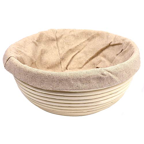 Vollum Bread Proofing Basket Banneton Baking Supplies for Beginners & Professional Bakers, Handwoven Rattan Cane Bread Maker with Linen for Artisan Breads, 9 x 4.25 Inch, 1-Pound Round Brotform