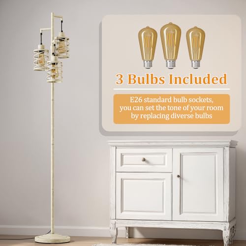 Image of Oneach 70 inch Industrial Floor Lamp, Stepless Dimmable Standing Lamp with 3 Bulbs, Farmhouse Corner Standing Tree Lamp for Living Room, Tall Lamps for Bedroom, Office, Dining Room, Antique Beige White