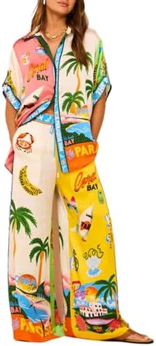 Women&#39;s Pajama Set Printed Lounge 2 Piece Outfits Soft Button Down Sleepwear Pants and Top