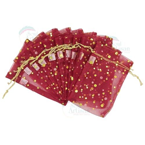 Soul Artisan Potli Drawstring Bag Net Fabric Maroon Color - Tikli Design for Return Gifts, Wedding, Baby Shower, Haldi Functions, Dry Fruit and Jewelry Packaging Size 12X18 cm | Pack of 10