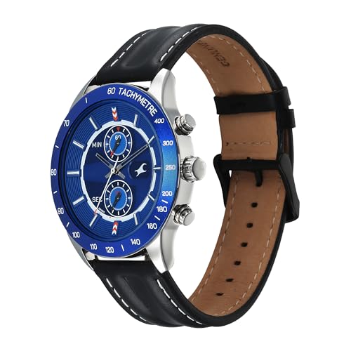 Image of Fastrack Overdrive Quartz Blue Round Dial Men's Watch | Leather Strap Material | Watches for Men Analog - 3332KL02