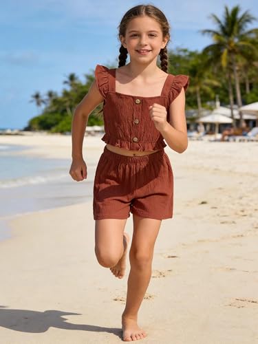 Image of Girls Summer Outfits Textured Botton Front Flutter Sleeve Shirt Ruffle Hem Crop Top and Solid Shorts Sets Rust Red 13-14 Years