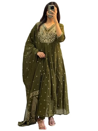 Image of ANNI Designer Women's Rayon Viscose Printed Embroidered Anarkali Kurta with Pant & Dupatta | Ethnic Kurti Set with Embroidery | Soft Comfortable Fabric | Stylish Outfit for Festive, Office