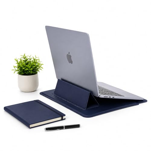 Image of Bigsmall Elevate Pro 14 Inch PU Leather Laptop Sleeve with Adjustable Stand, Compatible with MacBook Air /Pro 14 inch, iPad Pro 13 inch, Dell, HP, ASUS & Other 14-Inch Laptops, Magnetic Closure - Navy Blue