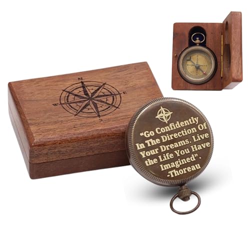 Brújula de Bolsillo Vintage Grabada con Texto Inspiracional, Latón y Estuche de Madera