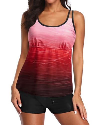 Image of Tempt Me Two Piece Tankini Swimsuits for Women Tummy Control Bathing Suit with Shorts Athletic Two Side Pockets Swimwear