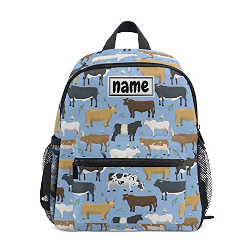 Custom Kid's Name Backpack Bulls Cows Farm Animal Toddler Backpack for Daycare Travel Personalized Name Preschool Bookbag for Boys Girls