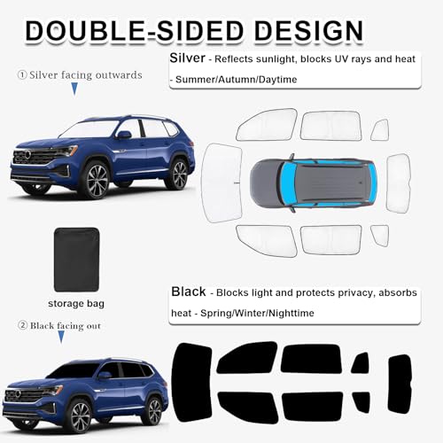 Image of KMF 8pcs Sun Shades for Volkswagen VW Atlas (NOT Cross Sport) 2018-2025 2026 Accessories, Thicken Full Car Window Covers Sunshade for Windshield Side Rear, UV Block and Privacy for Camping Outdoor