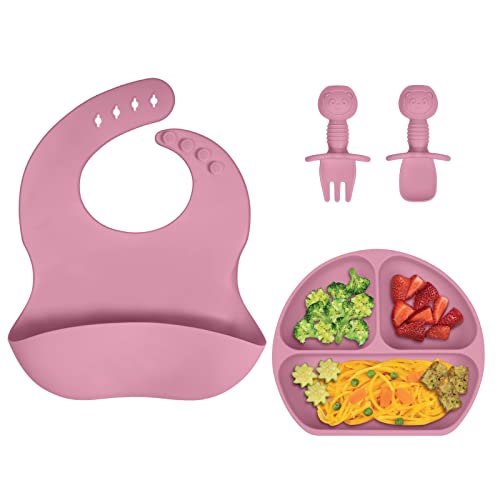 Vicloon Silicone Baby Feeding Set, 4 Pcs Baby Weaning Set, Baby Suction Plate, Bib, Spoon and Fork, Divided Plate, BPA Free Silicone Feeding Set, Toddlers and Kids Plate Set, Gift for Kids (Pink)