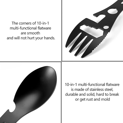 Qishing Multifuncional Outdoor Garfo Colher Destacável Talheres, 10-em-1 Utilitário Tático Spork, Co